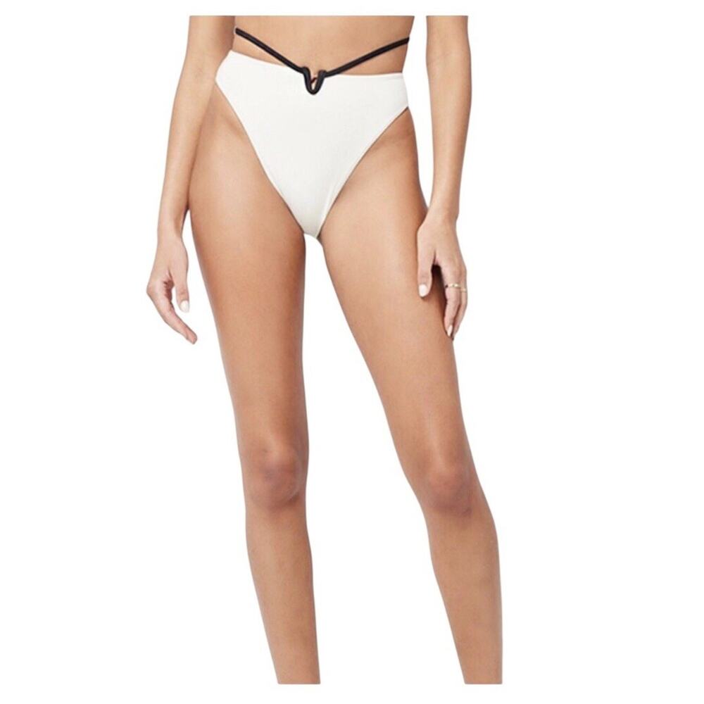 L*Space Joy Bitsy Cut High Waist Bikini Bottom White Contrast Trim Small NWT